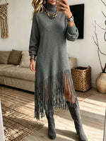 Turtleneck Lantern Sleeve Fringe Knit Midi Dress, Women Slit Loose Sweater Dress