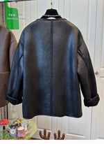 Women Drop Shoulder Pocket Vintage Faux Leather Sherpa Lined Zip JacketOuterwear