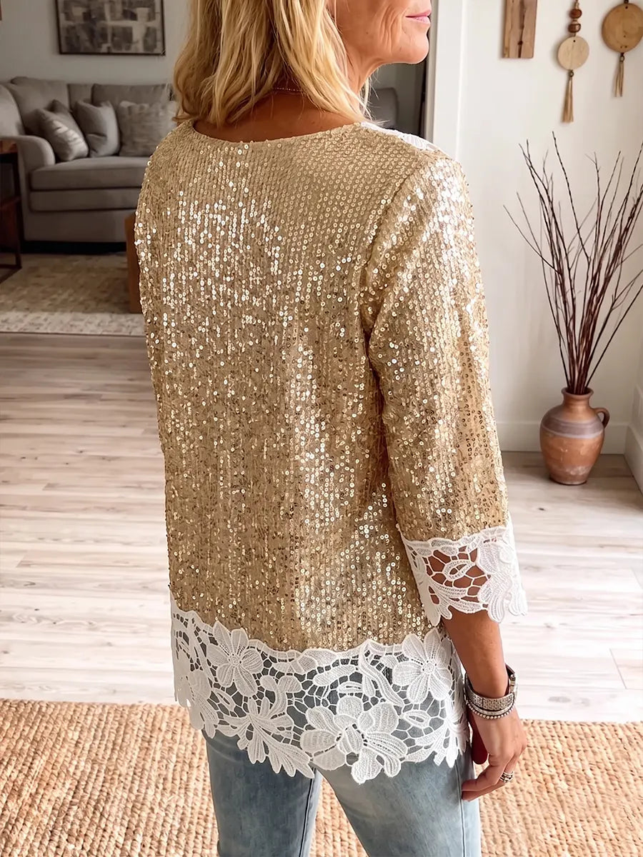 Vintage Elegant Sequins Patchwork Openwork Lace Shirt