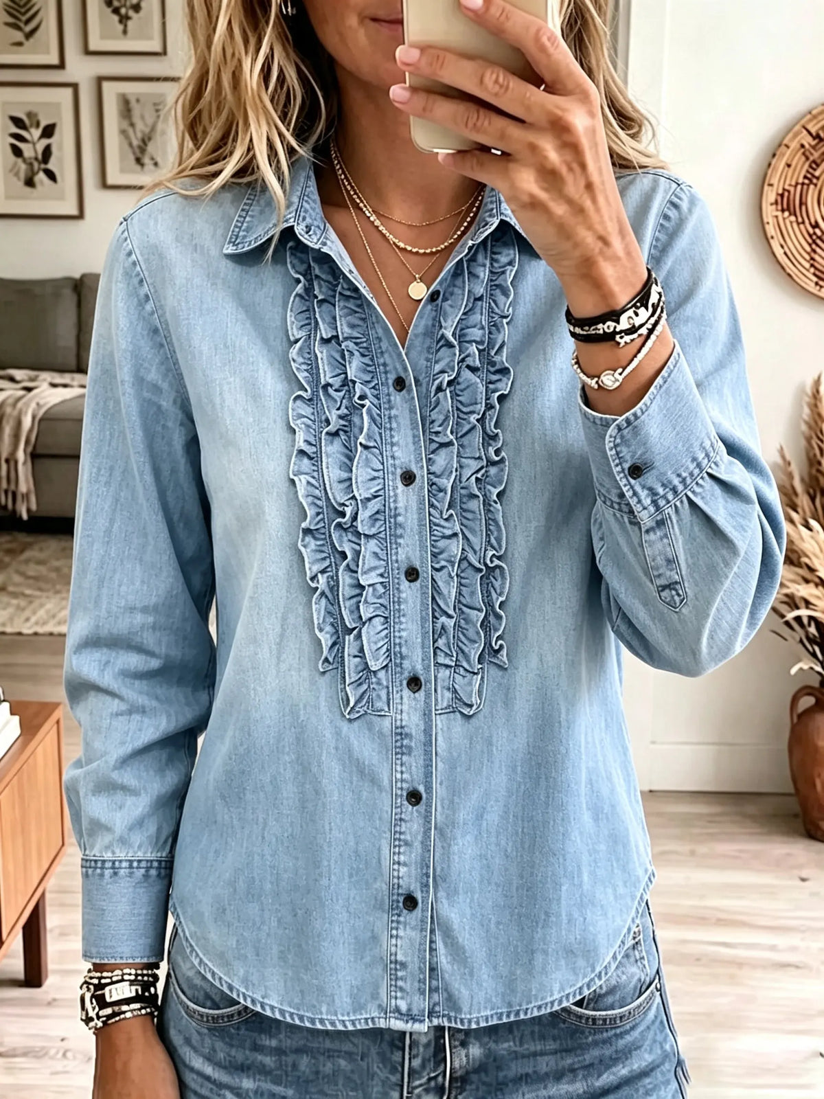 Women's Ruffled Placket Long Sleeve Denim Shirt