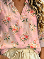 Women's Floral Art Print Casual Long Sleeve Lapel Linen Shirt