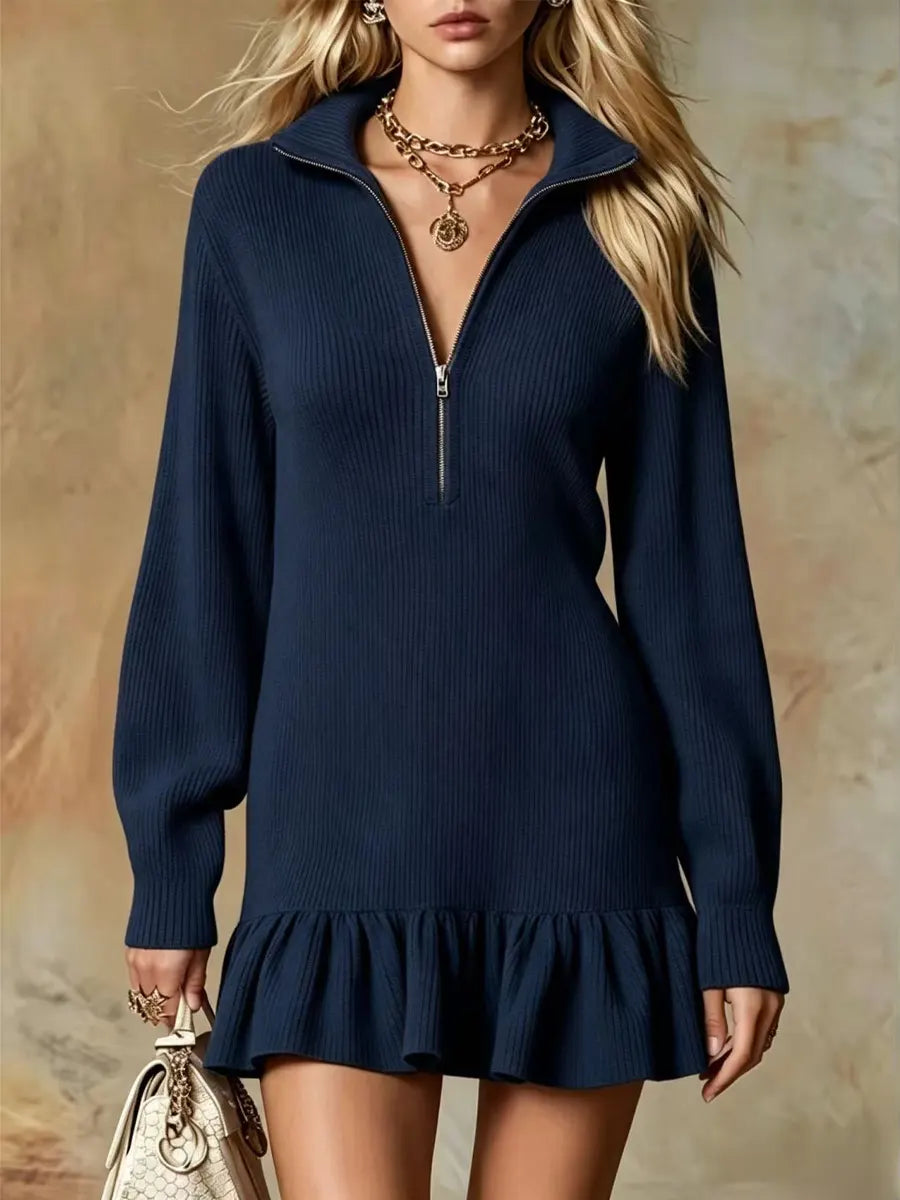 Retro Ruffle Art Casual Zip Stylish Lapel Long Sleeve Short Dress