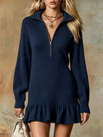 Retro Ruffle Art Casual Zip Stylish Lapel Long Sleeve Short Dress