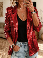 Silver Sequin Notched Lapel Blazer, Women Open Front Party Jacket