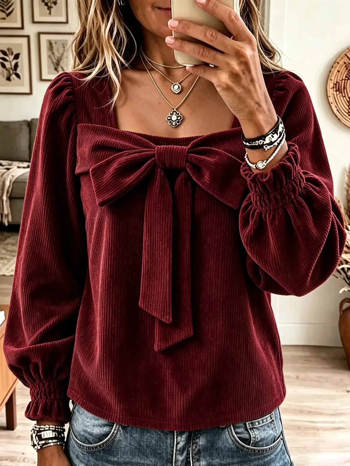 Women's Front Bow Corduroy Puff Sleeve Top