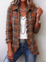 Retro Plaid Pattern Art Print Ruffle Casual Stylish Cotton Lapel Coat