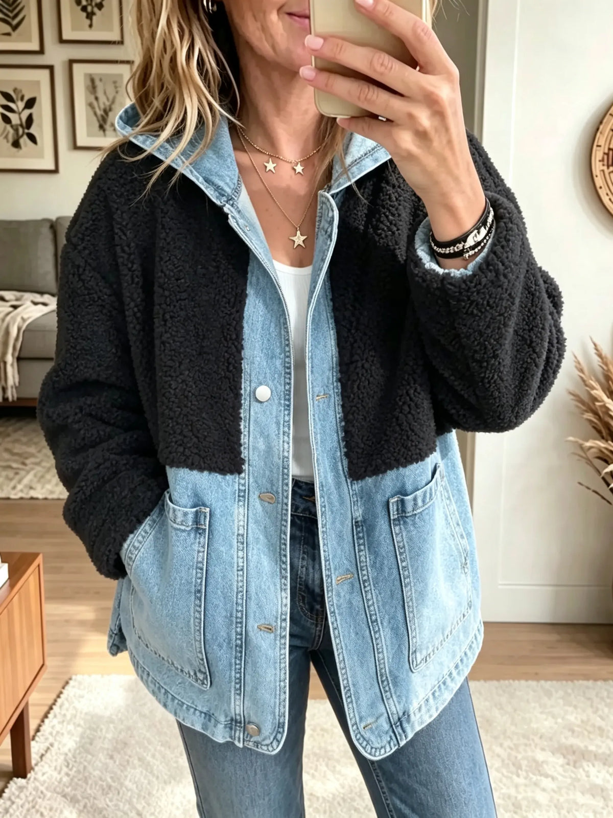 Women's Denim Patchwork Sherpa Fleece Jacket