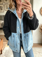 Women's Denim Patchwork Sherpa Fleece Jacket