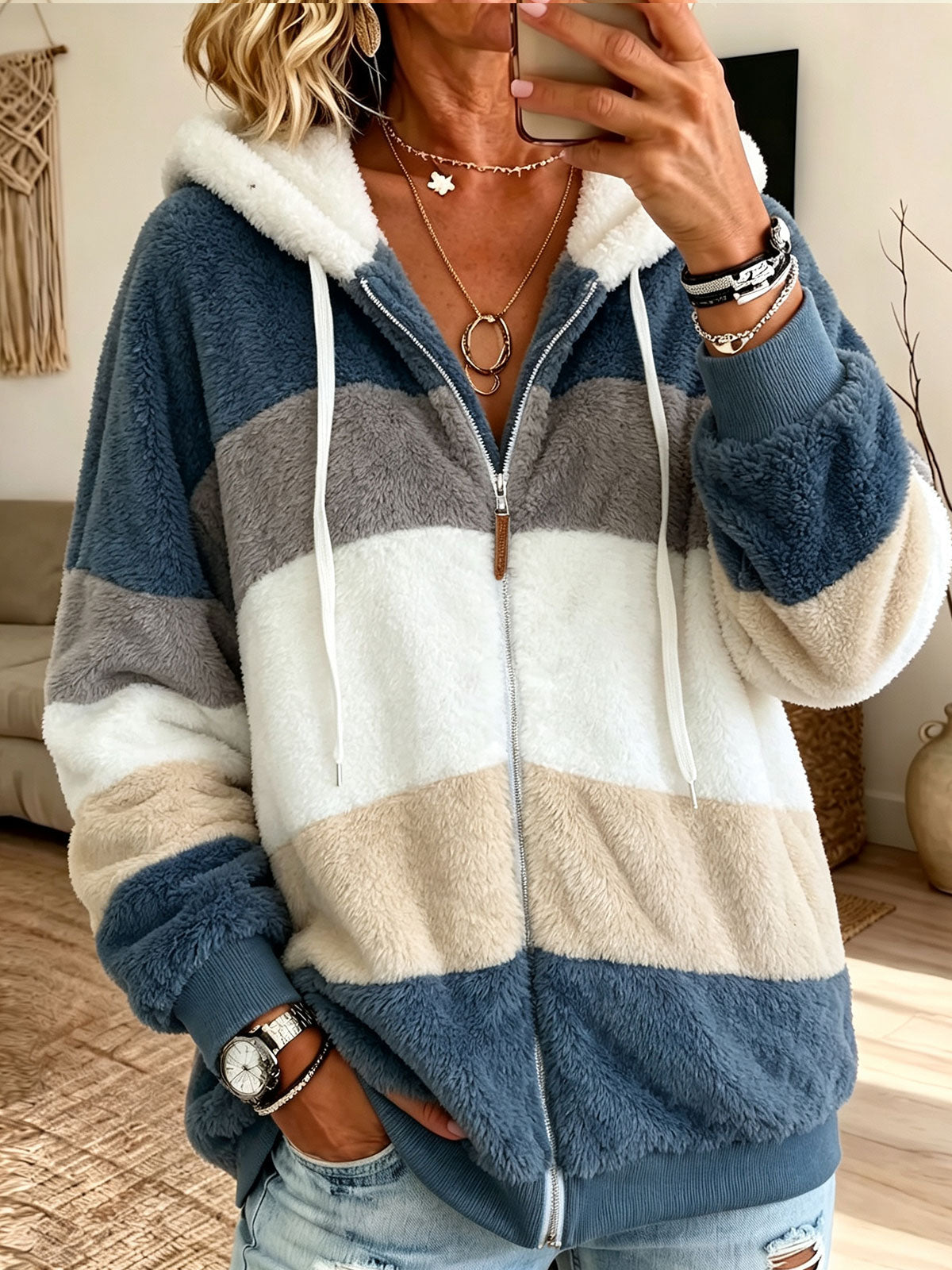 Women Loose Warm Fleece Color Block Fuzzy Zip Up Hooded Jacket Coat