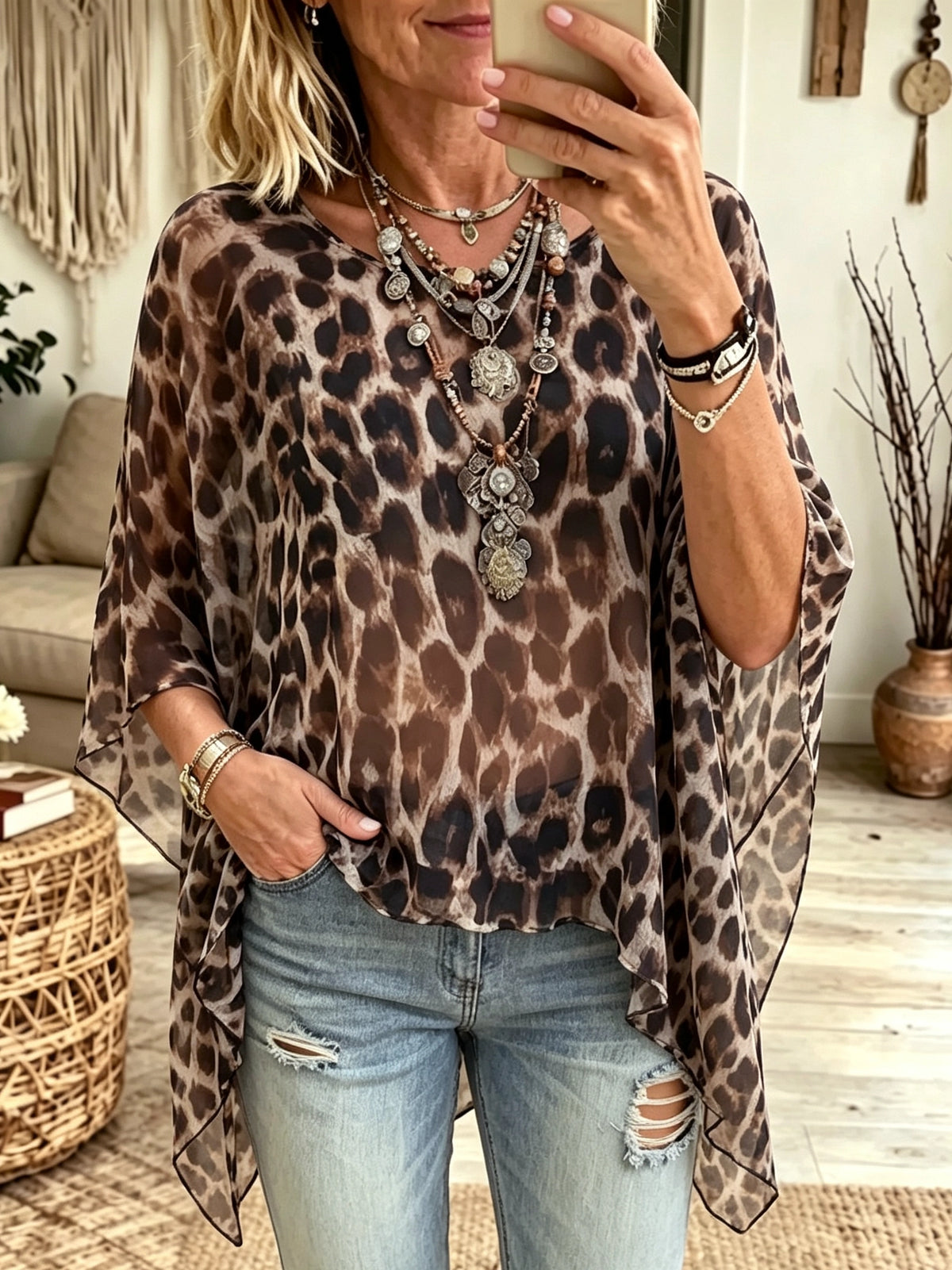 Women's Leopard Sheer Poncho Top