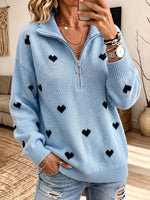 Women Heart Jacquard Half‑Zip Collar Sweater Long Sleeve Loose Knit Jumper