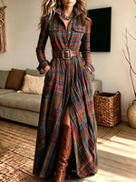 Women's Vintage Elegant Plaid Dress Includes Belt