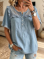 Women Lace Ruffle Trim Denim Short Sleeve Henley Blouse