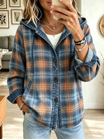 Women's Plaid Denim Trim Hooded Shacket