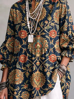 Retro Floral Art Pattern Print Ruffle Casual Stylish Cotton Linen Shirt