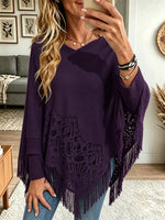 Women's Crochet Lace Cutout Fringe Knit Poncho