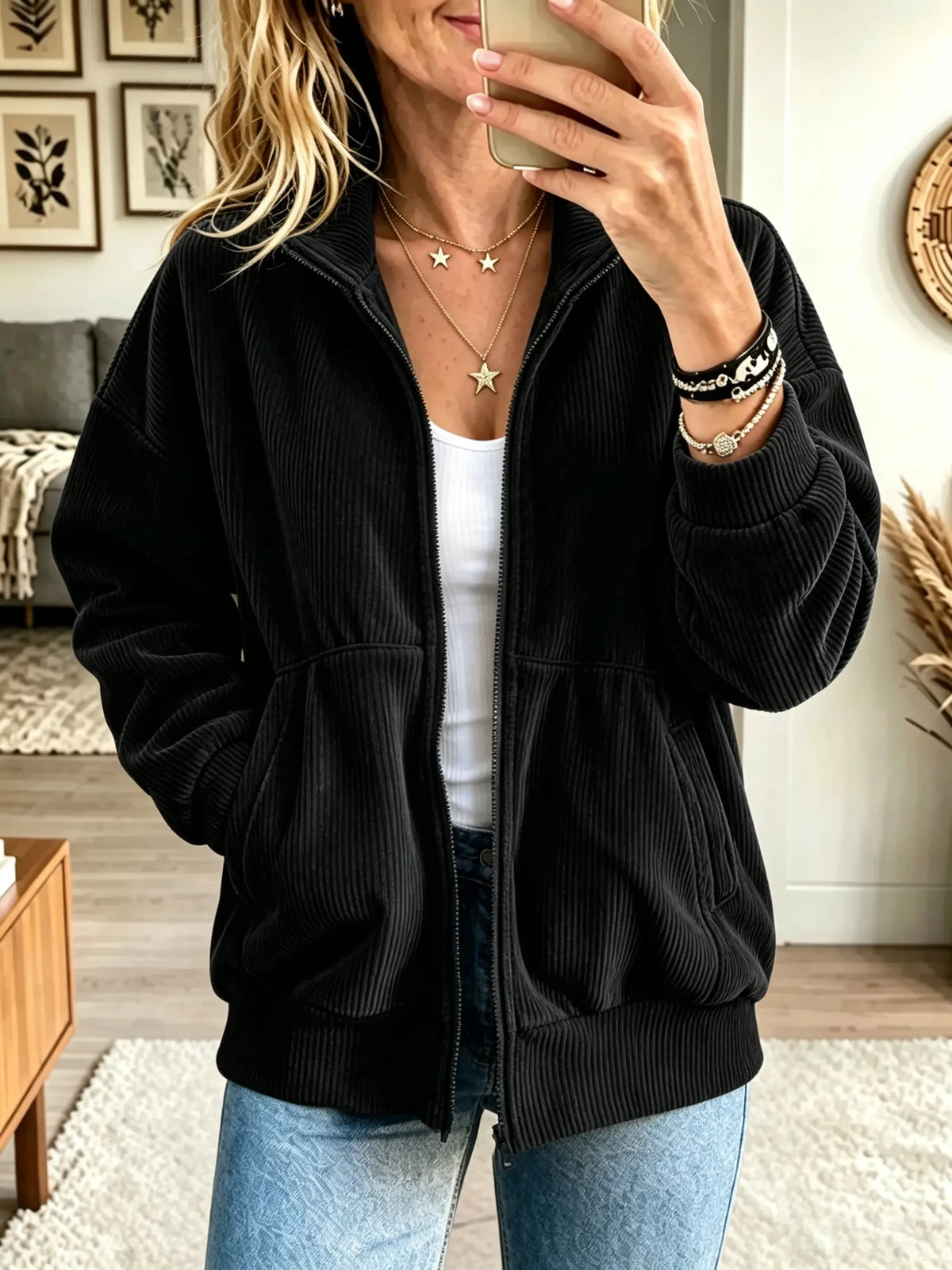 Women's Full-Zip Ribbed Knit Bomber Jacket
