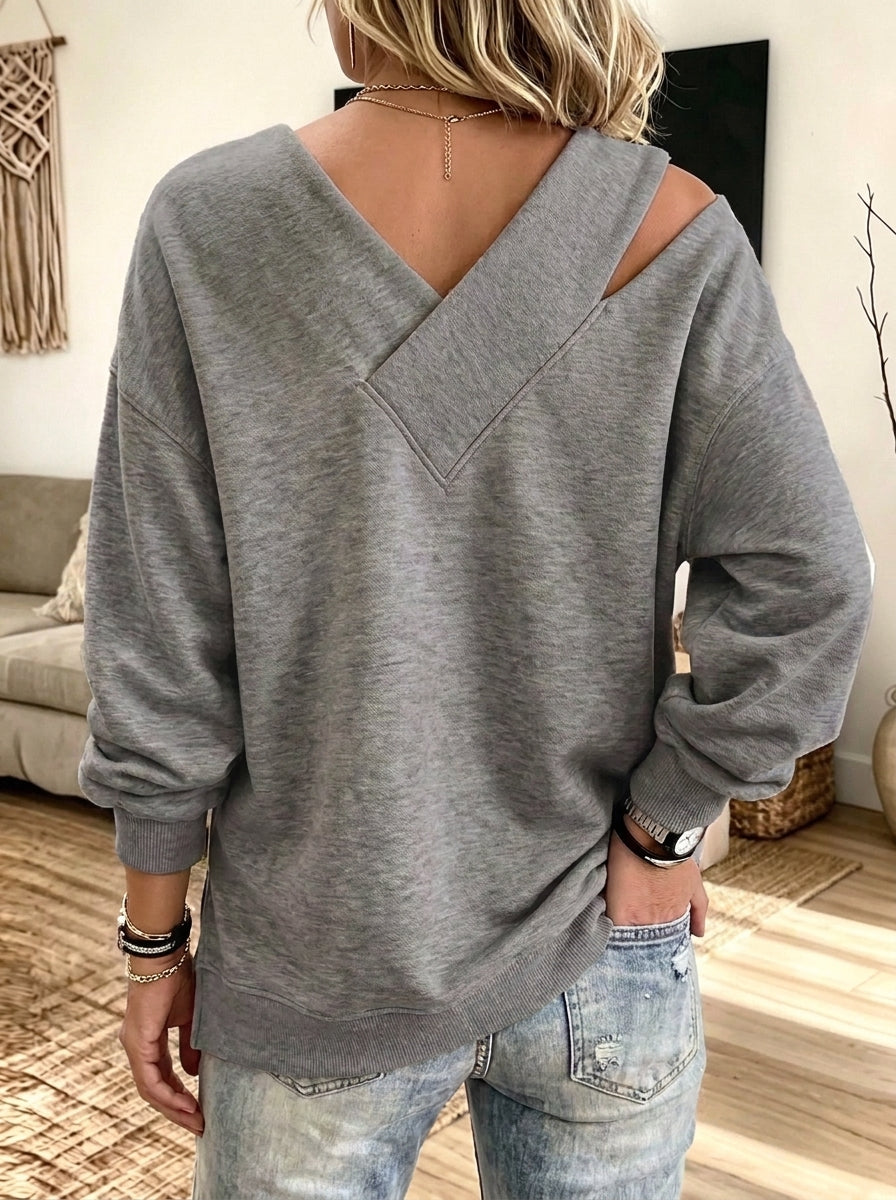 Women Christmas Tree Print Cold‑Shoulder V‑Neck Long Sleeve Sweatshirt