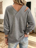 Women Christmas Tree Print Cold‑Shoulder V‑Neck Long Sleeve Sweatshirt