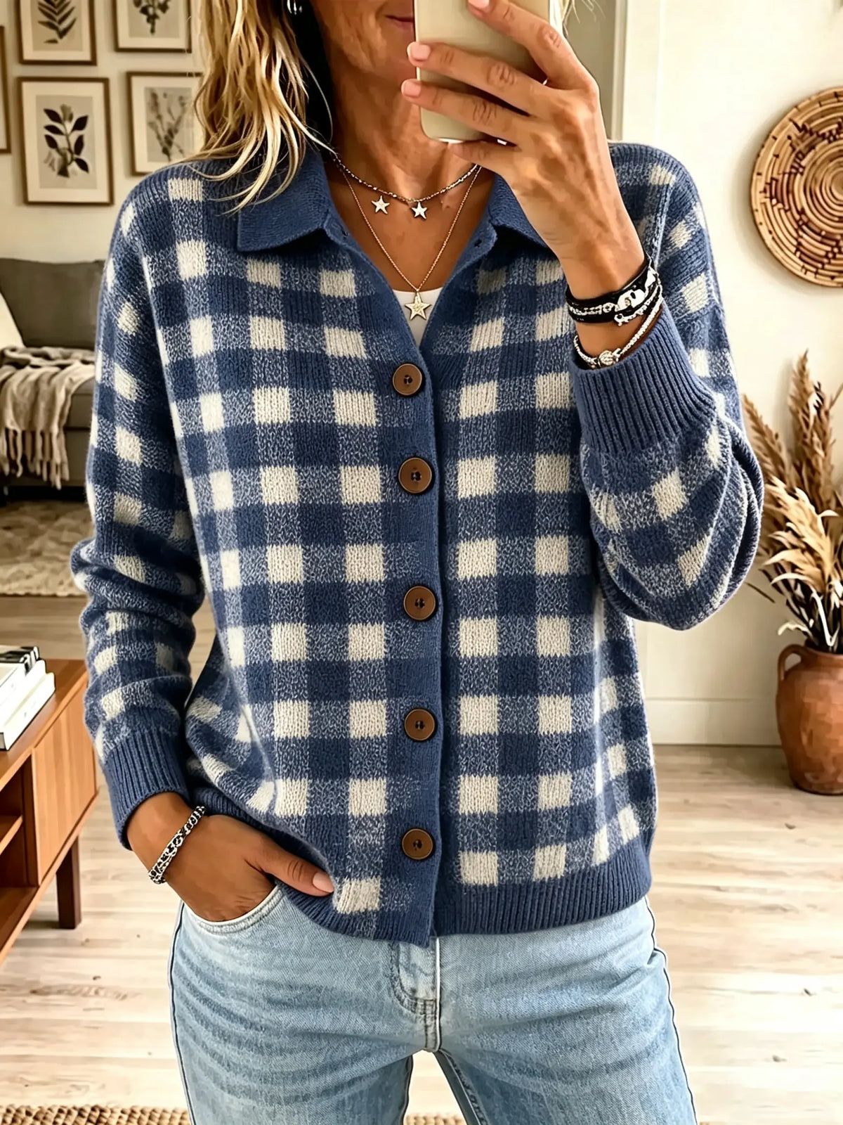 Women's Plaid Polo Collar Button-Down Knit Cardigan