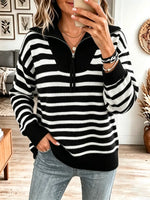 Elegant Stripe Pattern Zip Knit Art Casual Stylish Long Sleeve Sweater