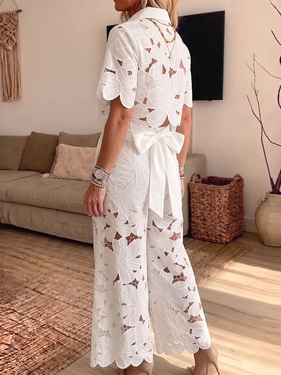 Vintage Elegant Floral Hollow-out Top And Wide-leg Pants Two-piece Set