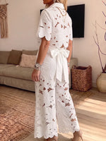 Vintage Elegant Floral Hollow-out Top And Wide-leg Pants Two-piece Set