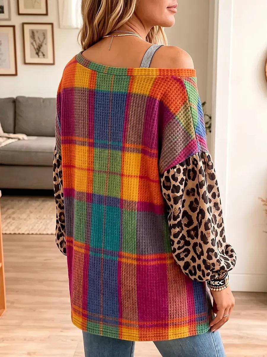 Vintage Elegant Leopard Print Patchwork Waffle Off-shoulder Shirt