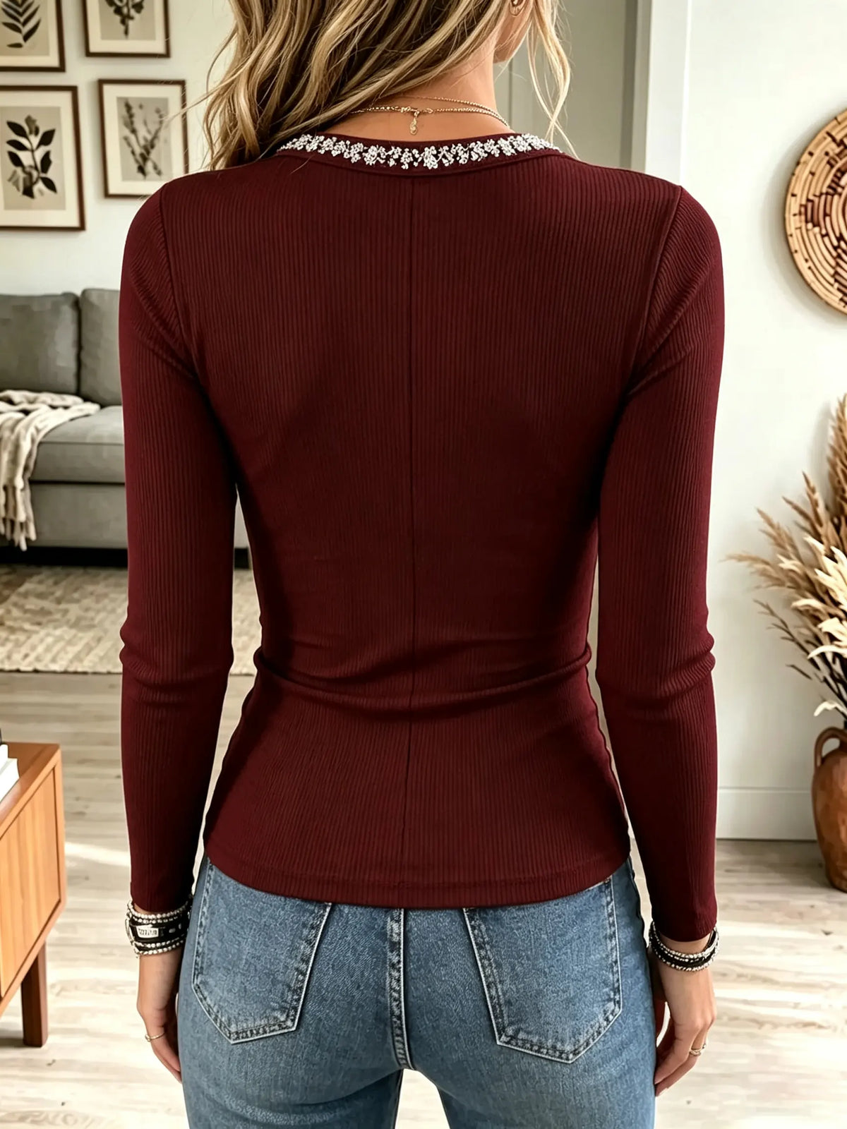 Women's Rhinestone Keyhole Ribbed Knit Top