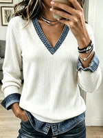 Women's Denim Trim V-Neck Ribbed Knit Sweater