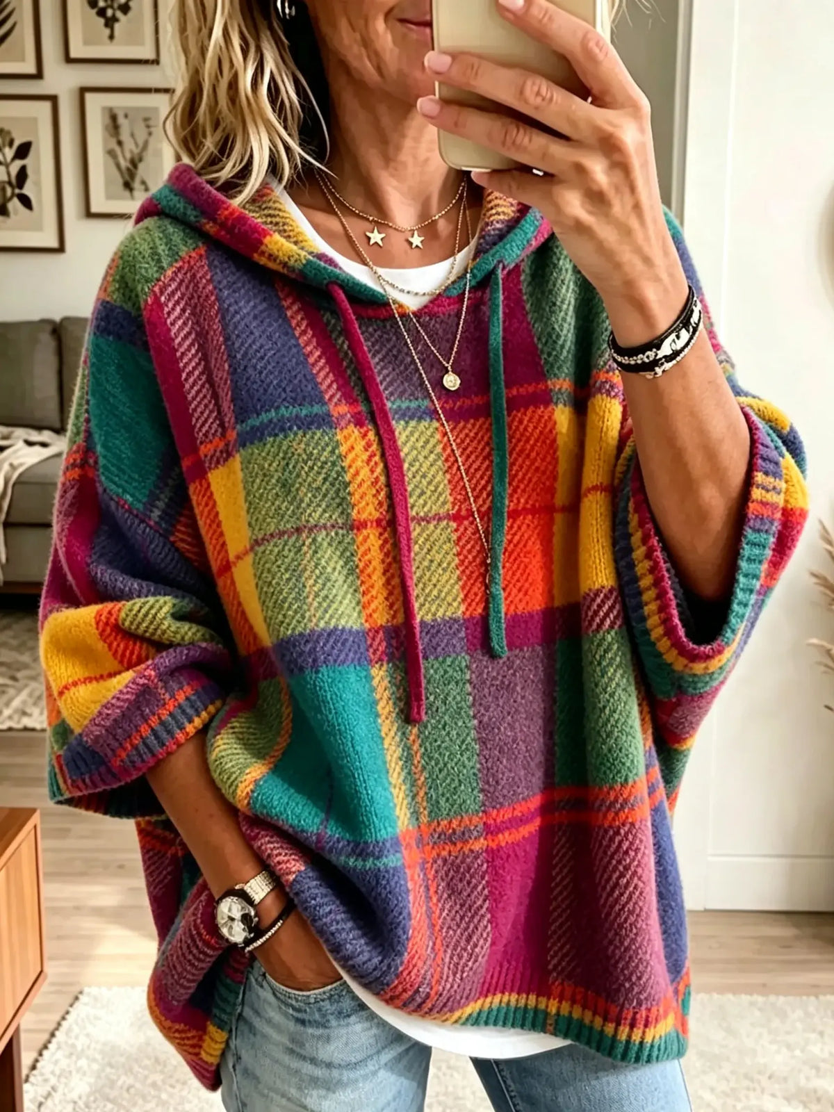Women's Colorful Plaid Knit Poncho Hoodie