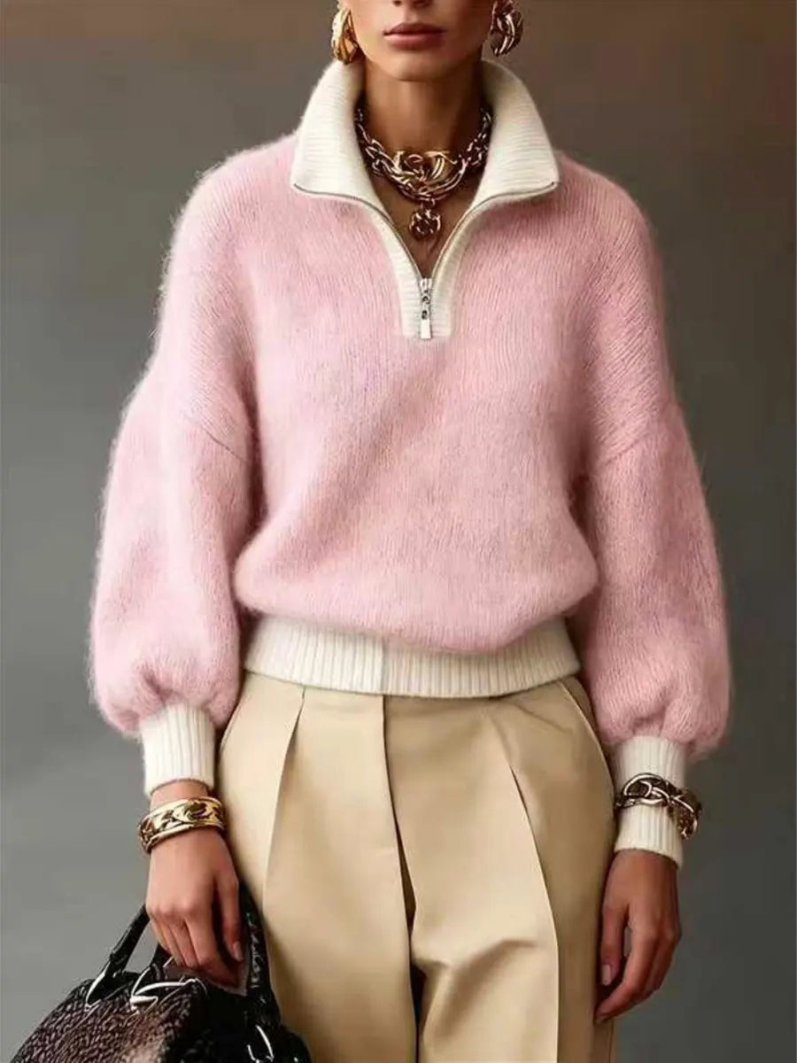 Retro Zip Color Block Art Casual Stylish Long Sleeve Knitted Sweater