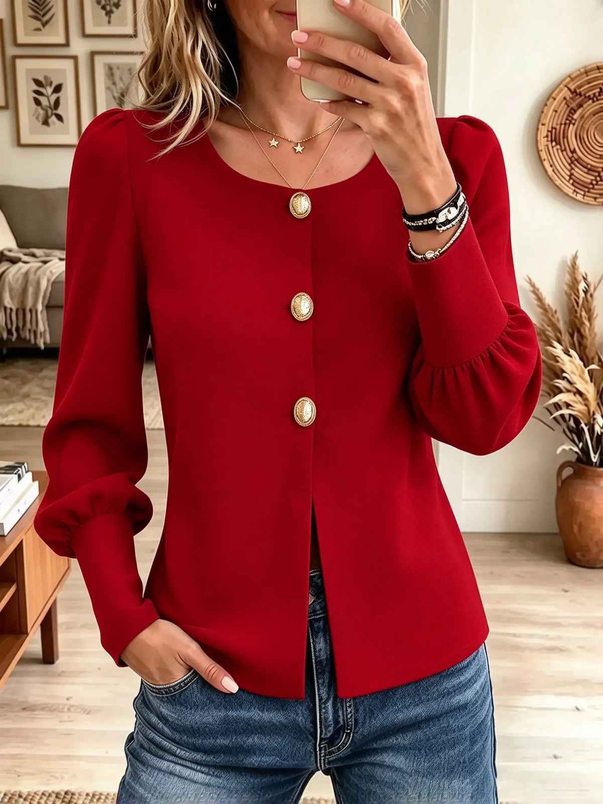 Women's Gold Button Puff Sleeve Knit Top