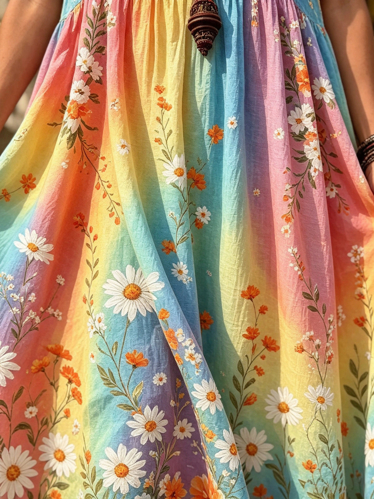 Women's Rainbow Tie-Dye Daisy Print Maxi Dress