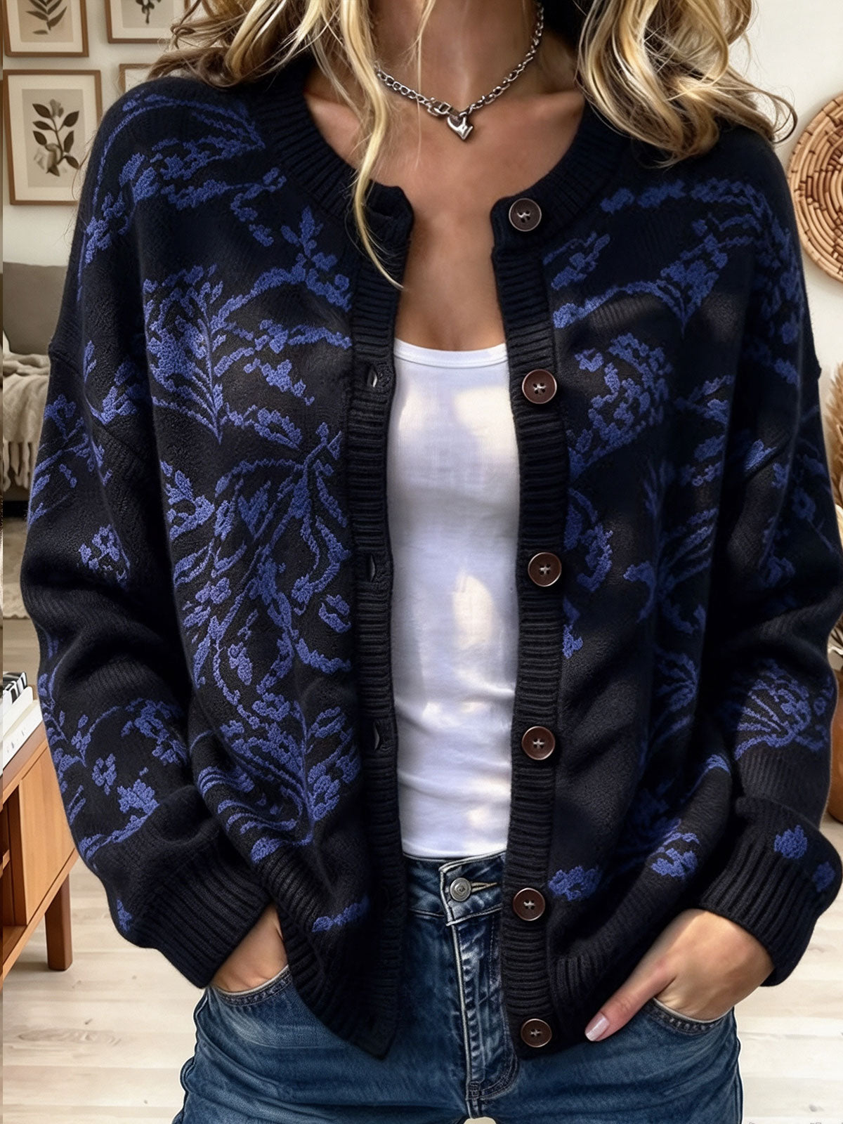 Round Neck Floral Pattern Knit Cardigan with Buttons