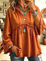 Retro Hooded Loose Art Casual Stylish 3/4 Sleeve Cotton Shirt