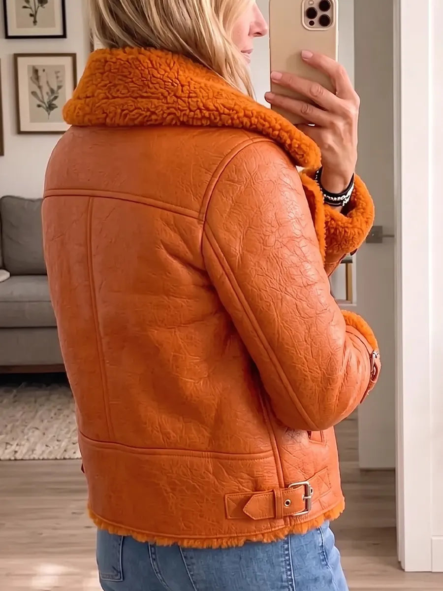 Vintage Elegant Pu Fleece Zip-up Coat