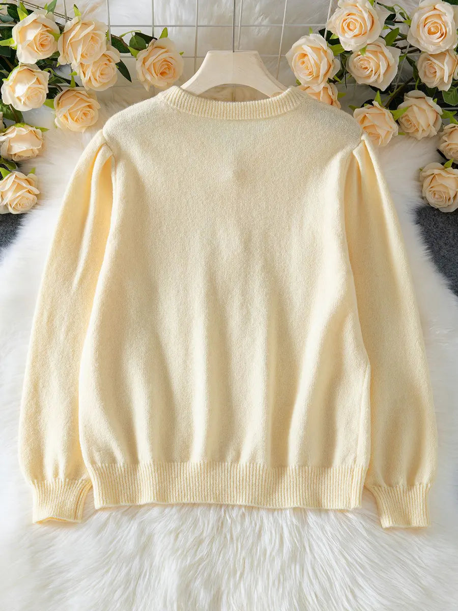 Retro Elegant Button Round Neck Art Casual Stylish Long Sleeve Knitted Sweater