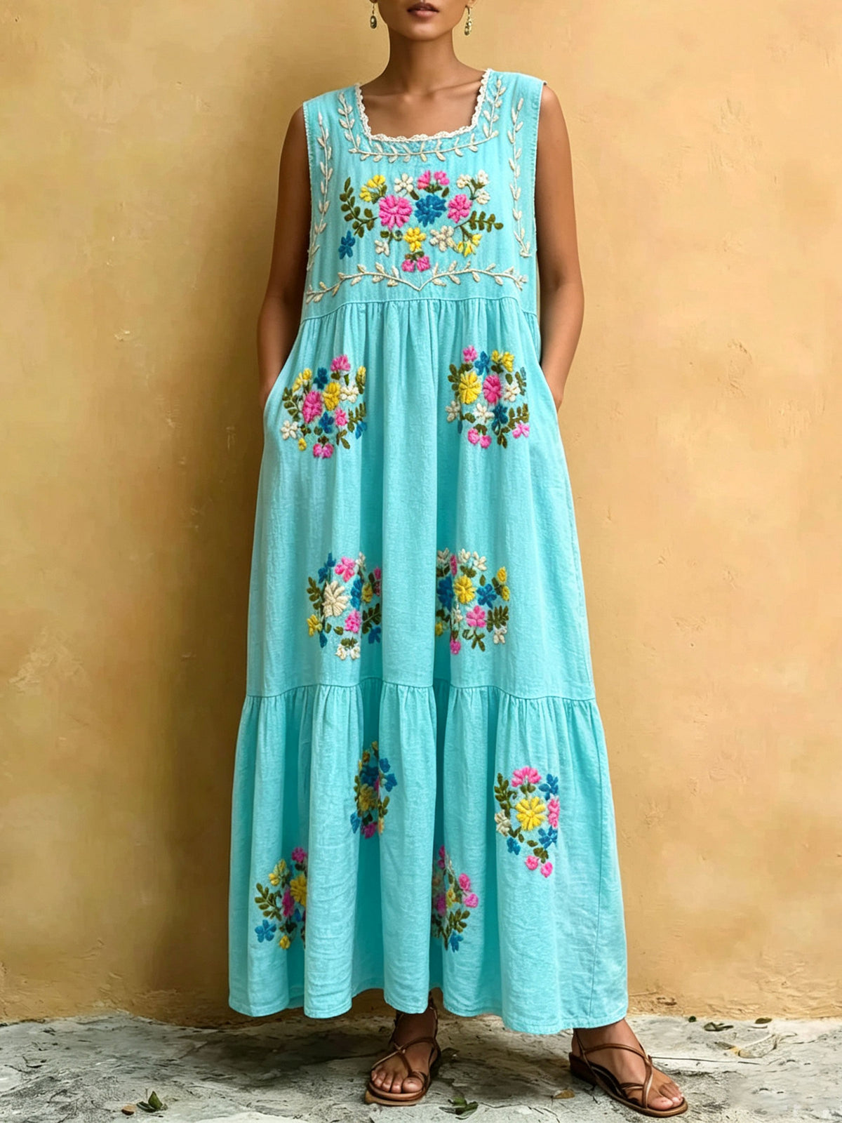 Women's Sleeveless Lace Trim Colorful Floral Embroidery Print Tiered Maxi Dress