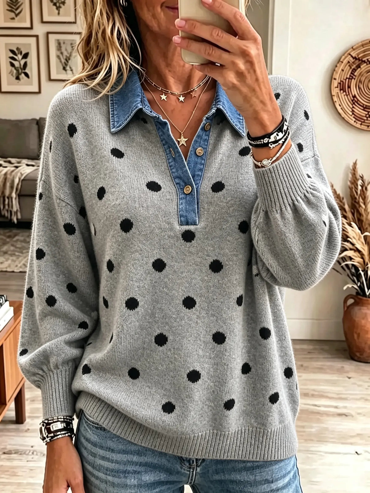 Women's Polka Dot Denim Collar Knit Sweater