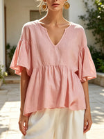 Women's Solid Color Ruffle Art Stylish Short Sleeve Cotton Linen Shirt