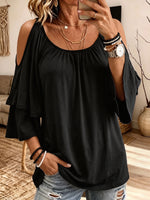 Women Cold Shoulder Blouse Layered Bell Sleeve Casual Loose Tunic Top