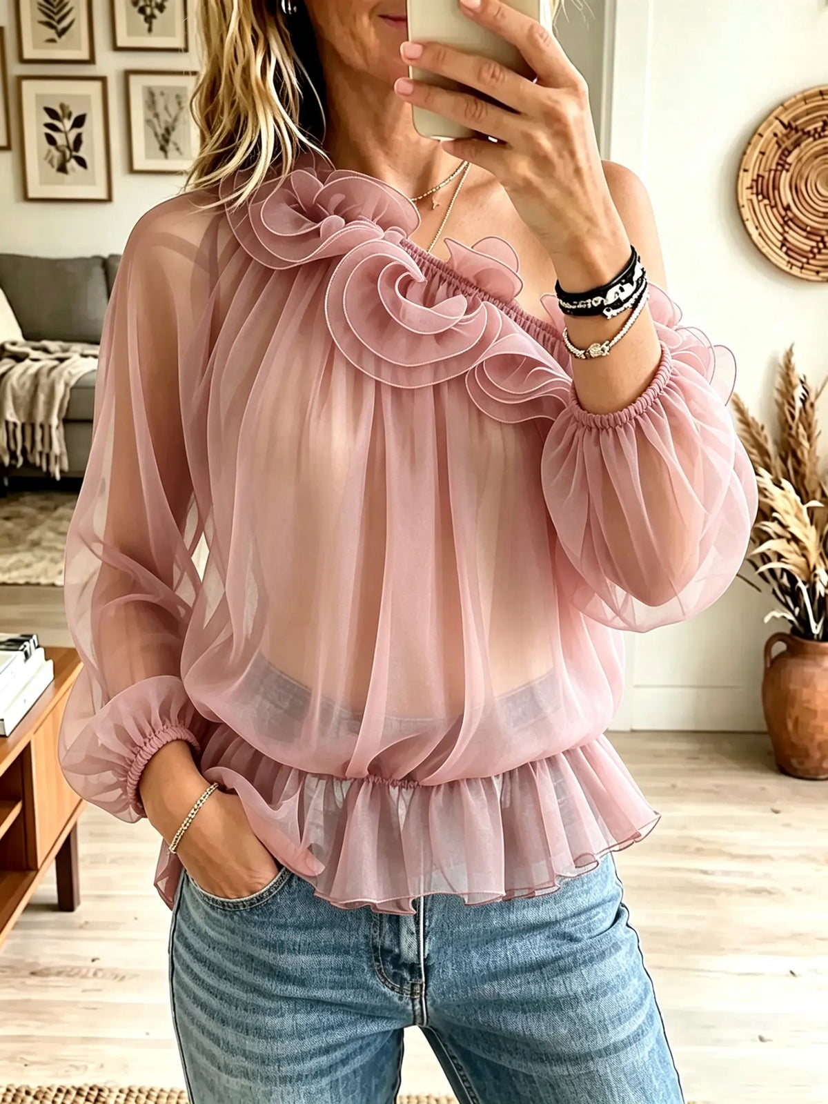 Women's One-Shoulder Layered Ruffle Chiffon Blouse