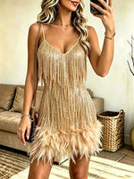 Women's Sexy V-neck Spaghetti Strap Dress With Feather Details