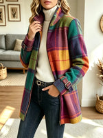 Retro Plaid Pattern Art Zip Casual Cozy Stylish Long Sleeve Coat