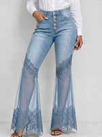 Women High Waist Button Fly Lace Mesh Spliced Flare Jeans