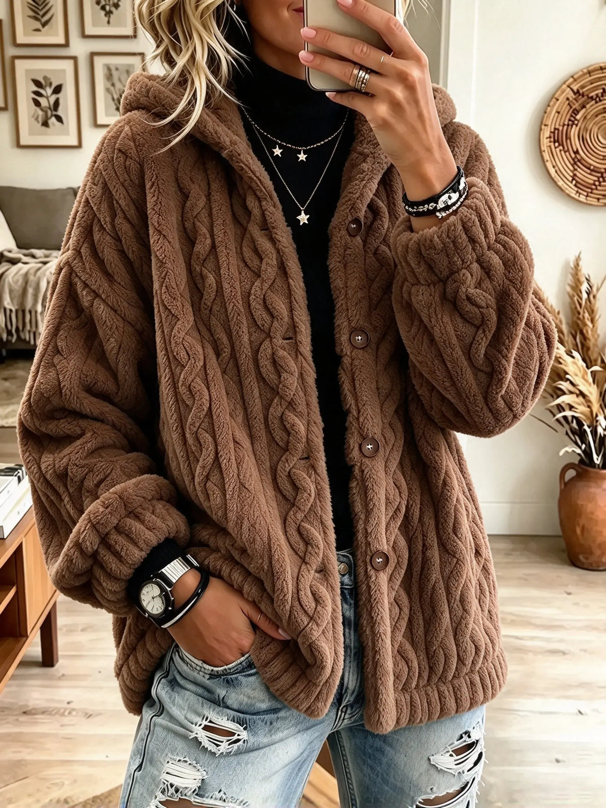 Women's Cable Textured Hooded Fleece Cardigan