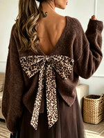 Women's Backless Leopard Bow Fuzzy Knit Sweater