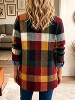 Autumn Color Block Plaid Denim Spliced Blazer Jacket, Women Lapel Button Outerwear