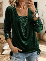Velvet Cowl Neck 2‑in‑1 Blouse Sequin Long Sleeve Drawstring Party Top